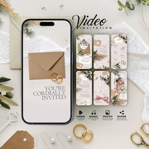 May include: A digital wedding invitation design displayed on a smartphone screen. The design features a brown envelope, gold rings, and the text "YOU'RE CORDIALLY INVITED." Additional invitation templates are shown, with options for video, music, photo, and sharing.