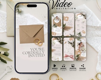 Digitale Hochzeitseinladung: Elegante rustikale animierte Videoeinladung mit Umschlag, Musik, Antwortkarten, moderne Boho-Einladung, vollständig anpassbare Canva-Vorlage