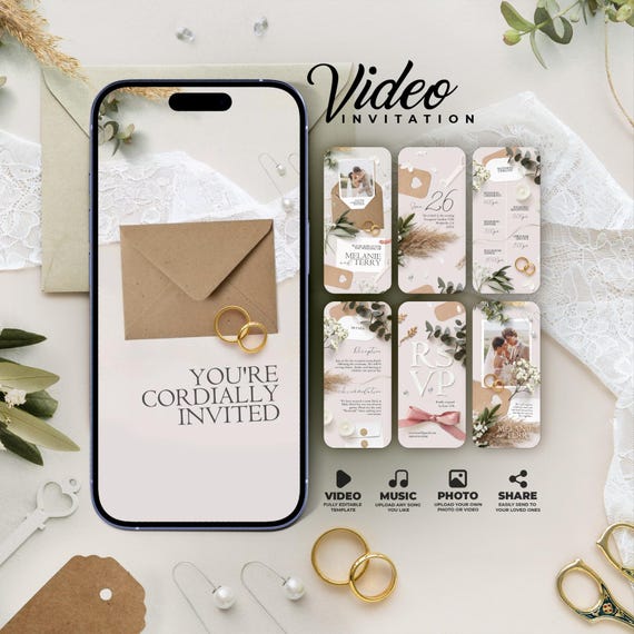 Wedding Digital Invitation: Elegant Rustic Animated Video Invite with with Envelope, Music, RSVP, Modern Boho Fully Editable Canva Template