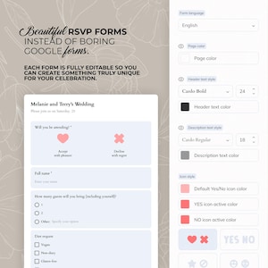 May include: A digital RSVP form template with customizable fields for a wedding. The form includes sections for guest names, attendance, and dietary requests. The design features a soft color palette and floral accents.