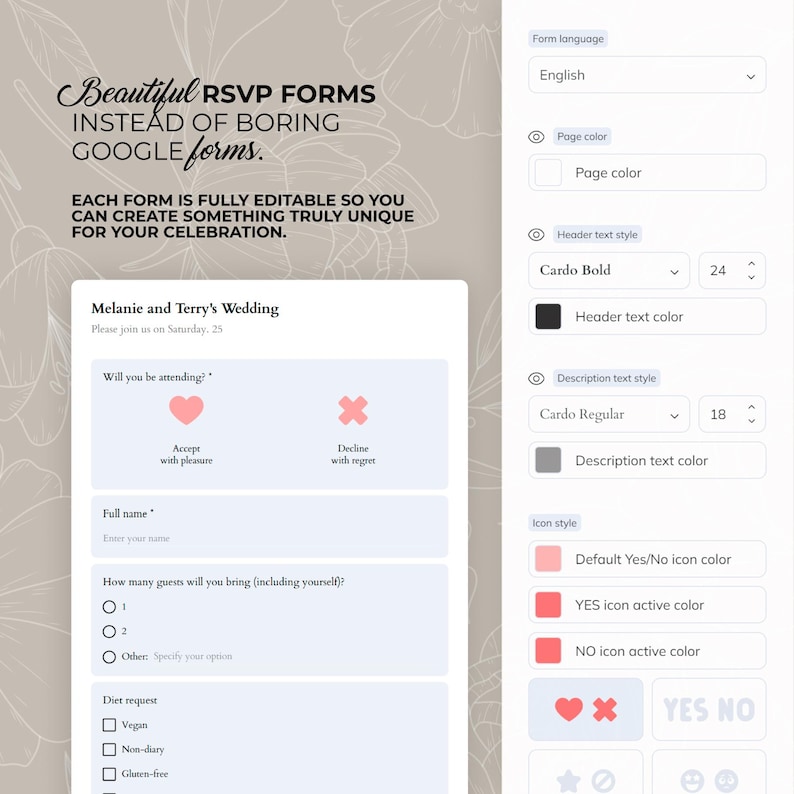 May include: A digital RSVP form template with customizable fields for a wedding. The form includes sections for guest names, attendance, and dietary requests. The design features a soft color palette and floral accents.