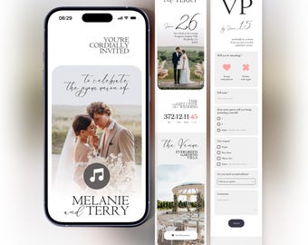 Wedding Invitation Digital with Trackable RSVP, Countdown, Music, Details (Editable Canva Template)