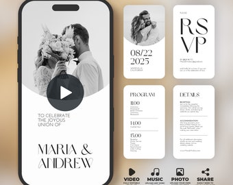 Modèle d'invitation vidéo de mariage, invitation animée avec RSVP, détails et programme, ajoutez vos propres photo et musique, modèle Canva, BW011