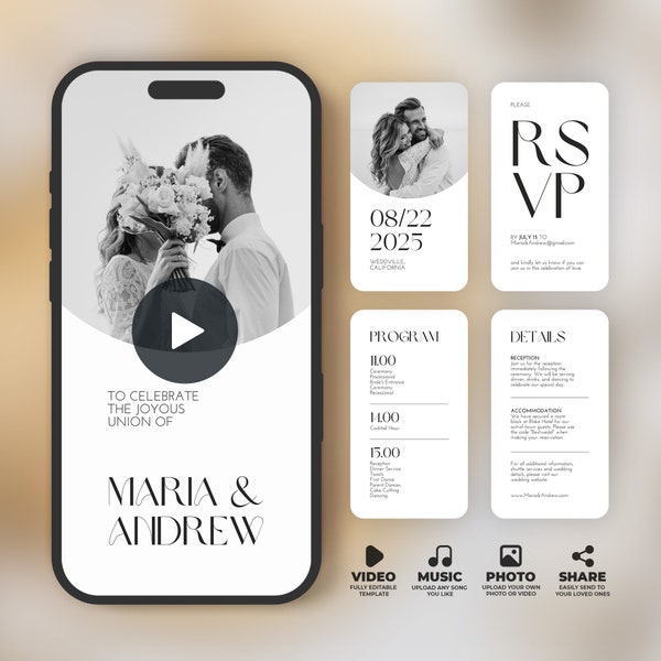 Modèle d'invitation vidéo de mariage, invitation animée avec RSVP, détails et programme, ajoutez vos propres photo et musique, modèle Canva, BW011