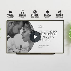 Könnte beinhalten: Eine Hochzeitseinladungsvorlage mit einem Schwarzweißfoto eines Paares. Der Text auf der Vorlage lautet "Willkommen zur Hochzeit von Maria & Andrew", "08/22/2025" und "246 Main Street Anytown".