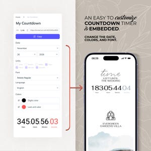 May include: A smartphone displays a wedding countdown timer with the text "Time Left Until The Wedding." The timer shows days, hours, minutes, and seconds. The app interface allows customization of date, colors, and font.