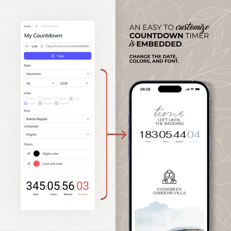 May include: A smartphone displays a wedding countdown timer with the text "Time Left Until The Wedding." The timer shows days, hours, minutes, and seconds. The app interface allows customization of date, colors, and font.