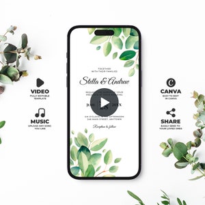 Hochzeitsvideo-Einladungsvorlage, animierte Einladung Greenery mit Ihrer Musik, digitale Einladung, bearbeitbare Eukalyptus-Canva-Vorlage, BW007