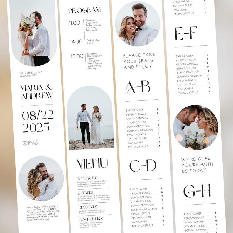 Op de afbeelding: Elegant trouwprogramma met de namen Maria & Andrew en de datum 08/22/2025. Het ontwerp bevat een schema, menu en zitplaatsen. Het kleurenschema is voornamelijk wit en zwart, met foto's van het paar.