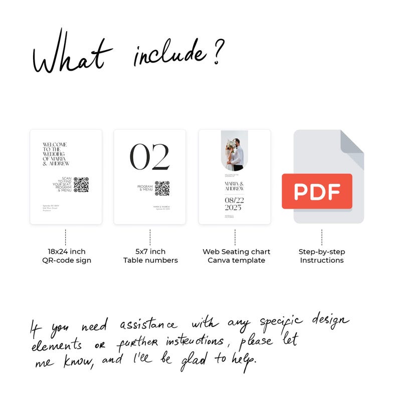 Op de afbeelding: Een witte afbeelding met de tekst "What include?" en vier elementen: een 18x24 inch QR-codesign, 5x7 inch tafelnummers, een webzittingkaart Canva-sjabloon en stapsgewijze instructies in PDF-formaat.