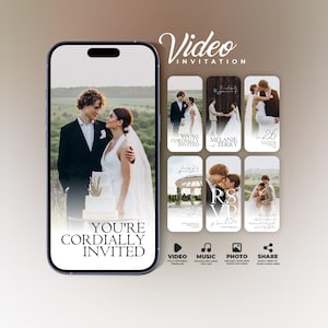 Faire-part de mariage animé vidéo : photo et musique, détails, RSVP (modèle numérique d'invitation sur toile) BW016