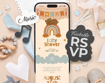 Boho Rainbow Baby Shower Digital Invitation: Editable Website Canva Template (Trackable RSVP, Countdown, Gift Registry)