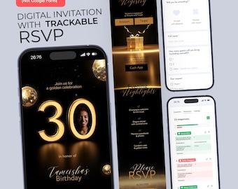 Sito web per inviti per il 30° compleanno, oro e nero, modificabile in Canva + modulo RSVP