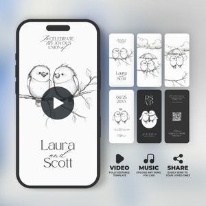 Invito video di nozze creativo, invito di nozze disegnato a mano con musica, RSVP, inviti unici con cartoni animati, modello Canva modificabile, BW027