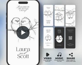 Kreative Hochzeitsvideoeinladung, animierte handgezeichnete Hochzeitseinladung mit Musik, RSVP, einzigartige Cartoon-Einladungen, bearbeitbare Canva-Vorlage