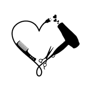 Parrucchiere Amore SVG Cosmetologo SVG Parrucchiere Amore SVG silhouette file di taglio cuore Asciugacapelli Forbici Pettine Spazzola Parrucchiere Barbiere