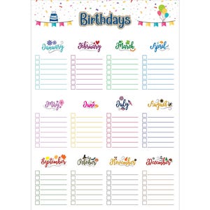 Lista de Aniversários em PDF Calendário de Aniversários para Imprimir Organizador de Aniversários Calendário de Aniversários Planejador de Lembretes de Aniversários Modelo Canva Rastreador de Aniversários