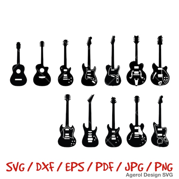 Guitar SVG Bundle Electric Guitar Silhouette SVG Acoustic Guitar SVG Vector Guitar Clipart for Guitarist Musician Shirts Classical Guitar