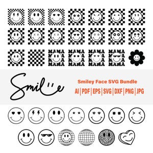 Lot de smileys SVG | Smiley rétro groovy Fichiers SVG pour Cricut & Silhouette | Clipart mignon visage heureux en téléchargement numérique | Modèles bohèmes des années 70