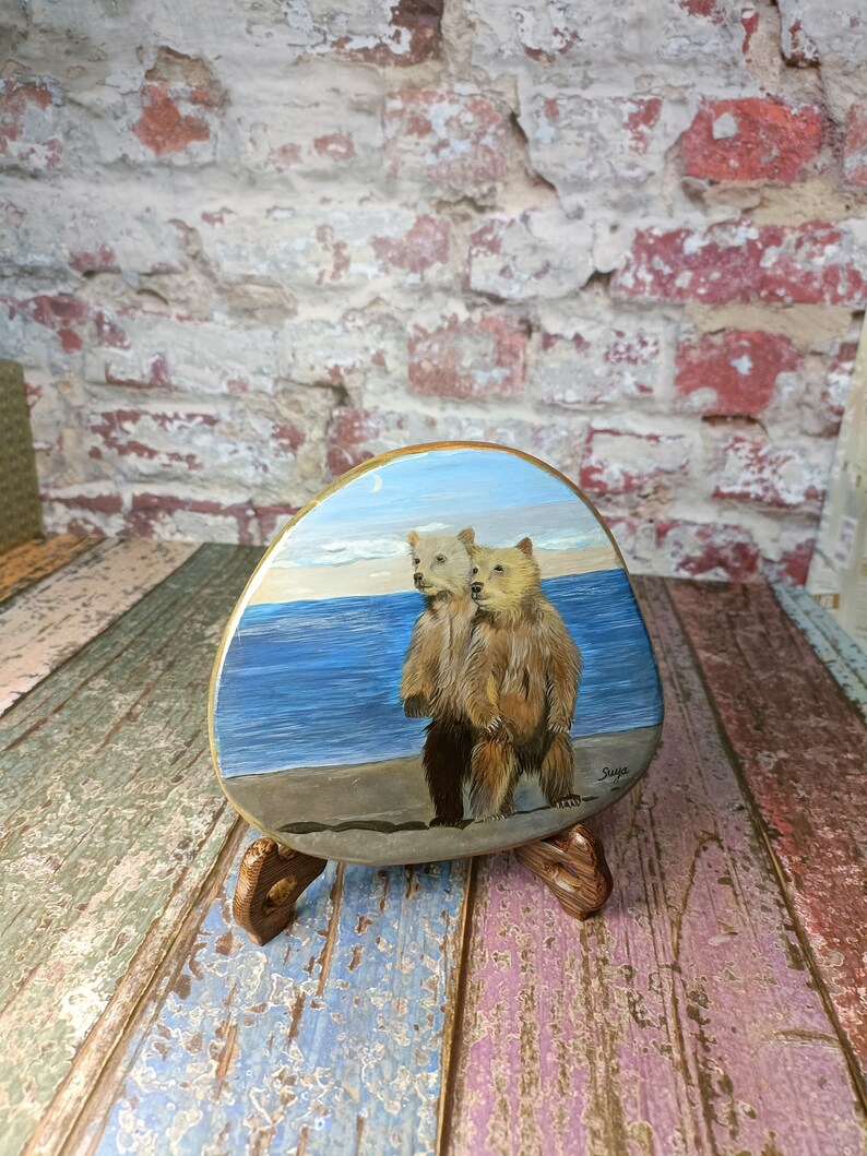 Hand Painted Bear Cubs on Unique Stone Slice , Unique Stone Art, Bear
