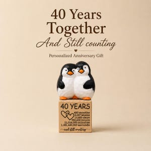 Personalized 40th Wedding Anniversary Gift for Wife Husband, Custom 40 Year Ruby Anniversary Gift for Parents, Hand Carved Wooden Penguin