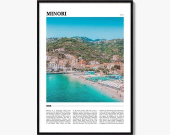 May include: A framed travel poster featuring a photograph of the coastal town of Minori, Italy. The image displays a turquoise sea, a sandy beach with rows of umbrellas, and hillside buildings. The text reads MINORI, ITALY, and MNR.
