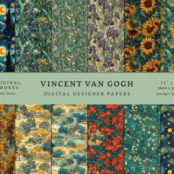 Vincent Van Gogh Digital Paper Pack - 12 Designs - Commercial Use - INSTANT DOWNLOAD - Seamless Patterns - Printable Paper Set