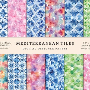 May include: 14 digital paper designs featuring watercolor Mediterranean tile patterns in blue, green, pink, and orange. Each design is 12 inches by 12 inches and 300 dpi.