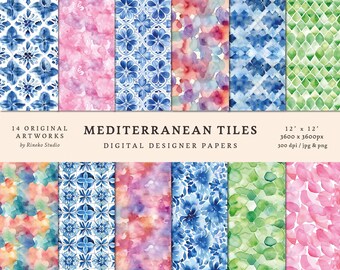 Watercolor Mediterranean Tiles Digital Paper Pack (Seamless Patterns)