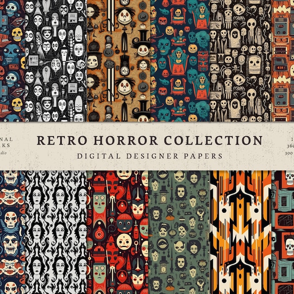 Retro Horror collection Digital Paper Pack - 12 Designs - Commercial Use - INSTANT DOWNLOAD - Seamless Patterns