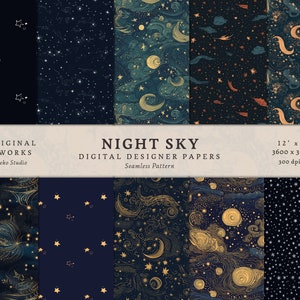 Night Sky Celestial Digital Paper Pack - 10 Designs - Commercial Use - INSTANT DOWNLOAD - Seamless Patterns - Printable Paper Set-Decorative