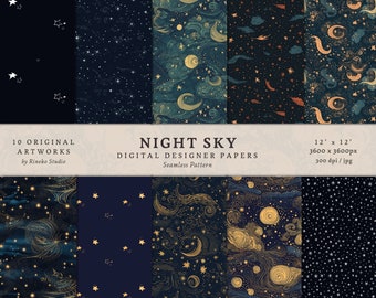 Night Sky Celestial Digital Paper Pack - 10 Designs - Commercial Use - INSTANT DOWNLOAD - Seamless Patterns - Printable Paper Set-Decorative