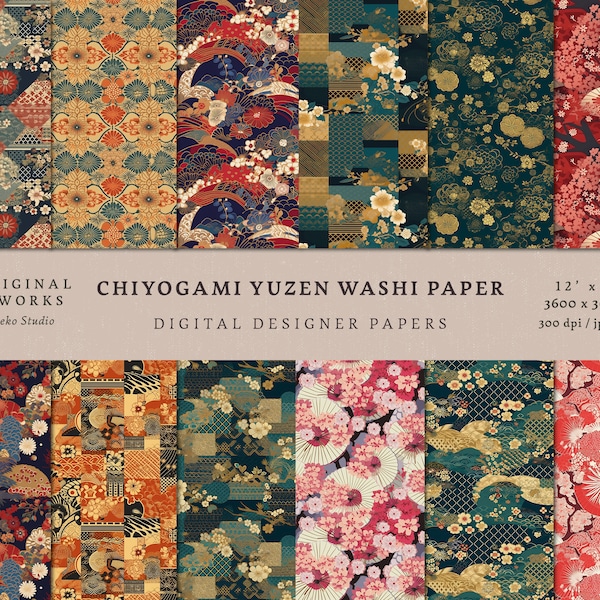 Chiyogami Yuzen Washi paper Digital Paper Pack - 12 Designs - Commercial Use - INSTANT DOWNLOAD - Seamless Patterns - Printable Paper Set