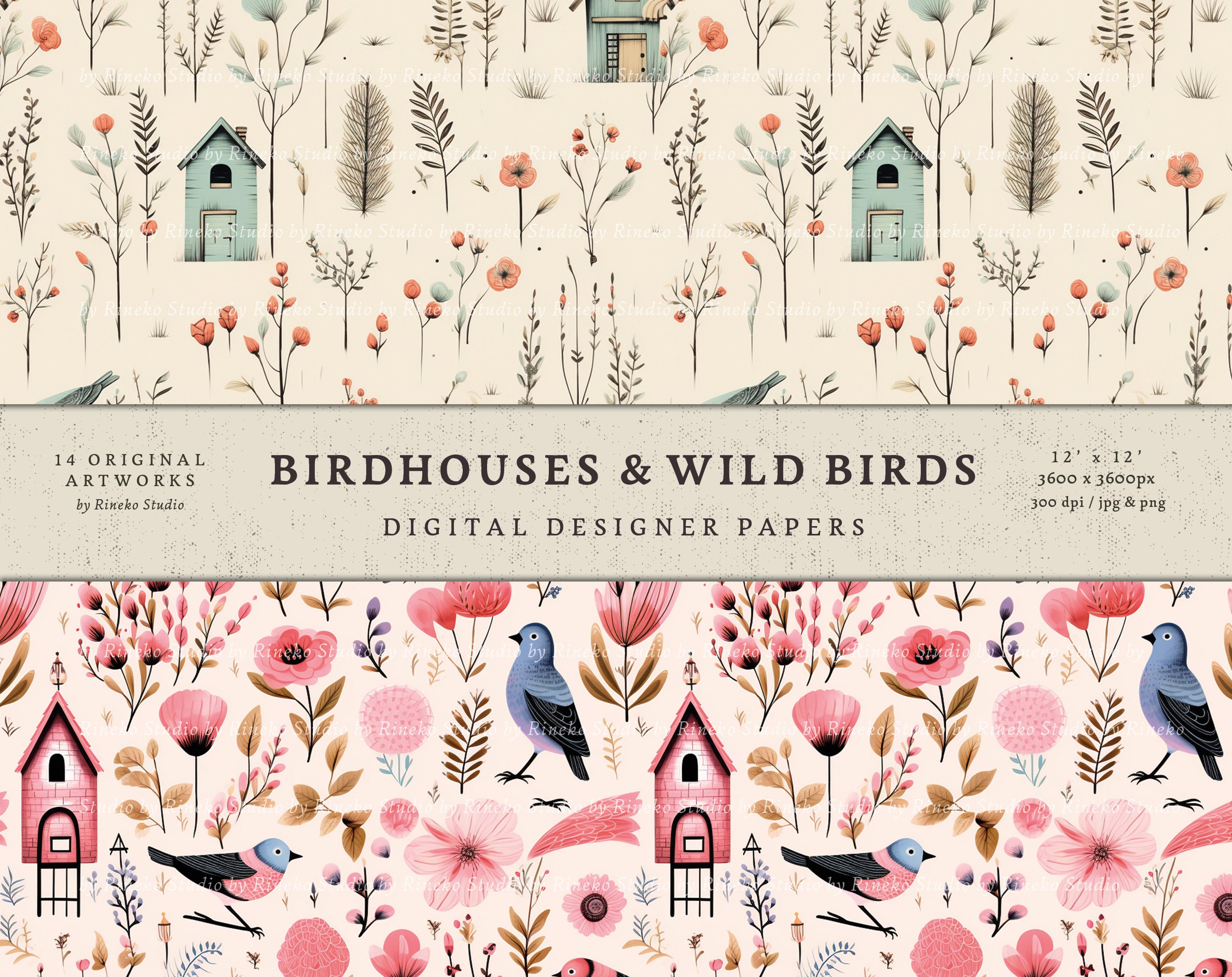 Cute Birdhouse & Wild Birds Collection Seamless Pattern - Digital Paper ...