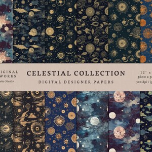 Celestial Collection Digital Paper Pack - 12 Diseños - Uso Comercial - DESCARGA INSTANTÁNEA - Patrones Sin Fisuras - Set de Papel Imprimible-Decorativo
