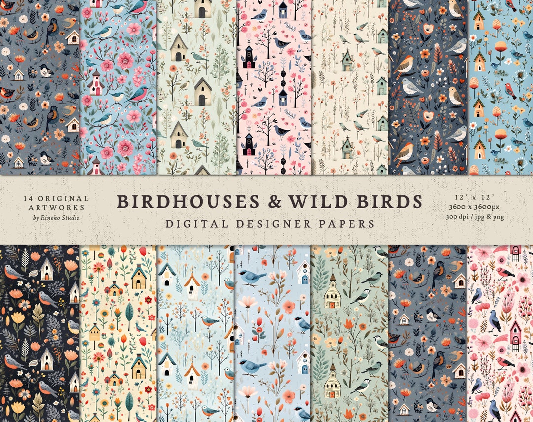 Cute Birdhouse & Wild Birds Collection Seamless Pattern - Digital Paper ...