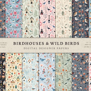 Niedliches Vogelhaus & Wildvögel Kollektion Nahtloses Muster - Digitales Papier - Scrapbook Papier - Decoupage Papier - Digitale Hintergründe