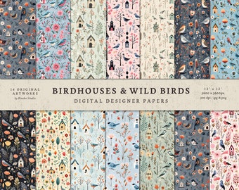 Cute Birdhouse & Wild birds Collection Seamless pattern - Digital Paper - Scrapbook Paper - Decoupage Paper - Digital Backgrounds