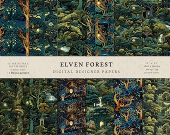 Elven Forest digitaal papierpakket – naadloze fantasiepatronen (commercieel gebruik)