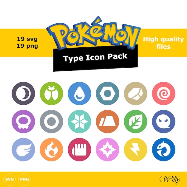 38 Pokemon SVG and Pokemon PNG bundle, Pokemon Type Icon, Pokemon Elements, seamless background, high quality files, instant download