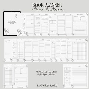 May include: A black and white printable book planner for non-fiction writing. The planner includes pages for notes, chapters, structure, research, and more. The text "Book Planner Non-Fiction" is at the top of the page.
