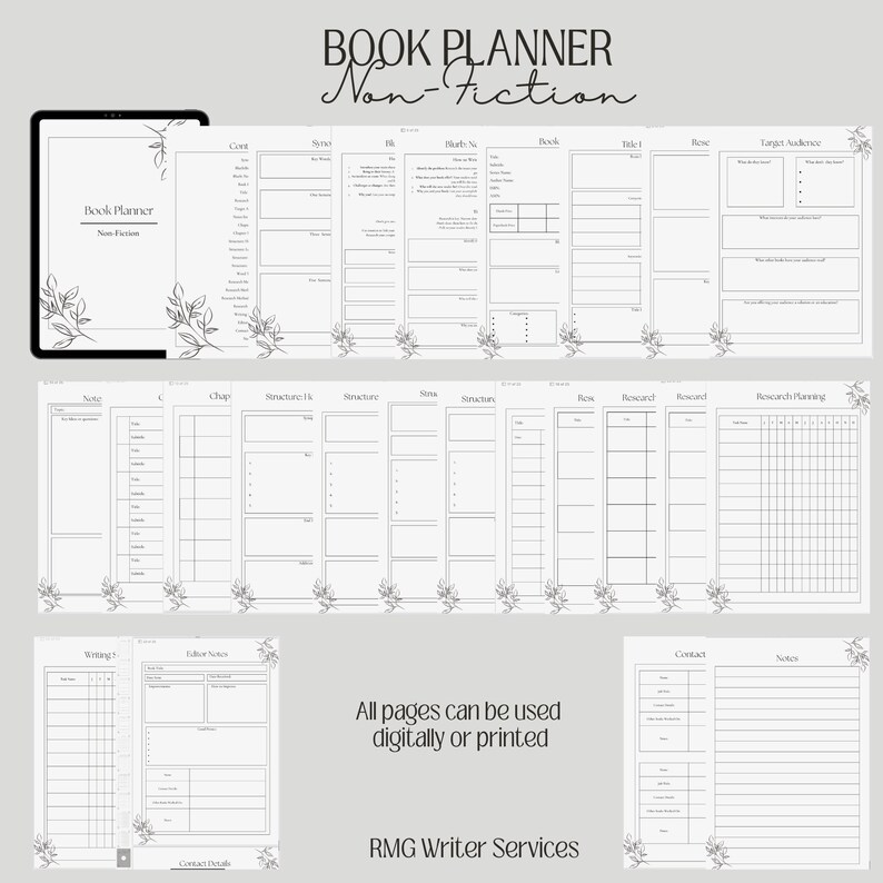 May include: A black and white printable book planner for non-fiction writing. The planner includes pages for notes, chapters, structure, research, and more. The text "Book Planner Non-Fiction" is at the top of the page.