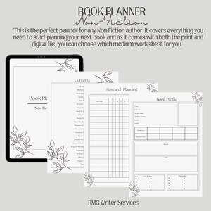 May include: A black and white printable planner for non-fiction authors. The planner includes sections for book profile, research planning, and contents. The text "BOOK PLANNER Non-Fiction" is at the top of the page.