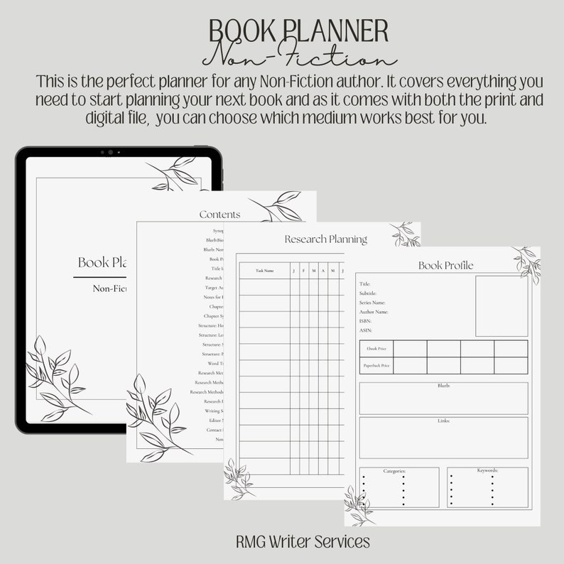May include: A black and white printable planner for non-fiction authors. The planner includes sections for book profile, research planning, and contents. The text "BOOK PLANNER Non-Fiction" is at the top of the page.