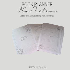 May include: A book planner for non-fiction writing, with sections for synopsis, contents, and chapter summaries. The planner has a simple design with a floral motif and the text "Book Planner Non-Fiction".