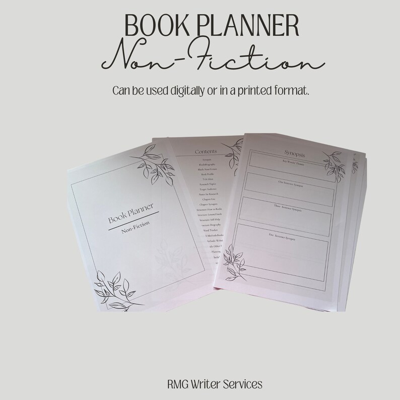 May include: A book planner for non-fiction writing, with sections for synopsis, contents, and chapter summaries. The planner has a simple design with a floral motif and the text "Book Planner Non-Fiction".