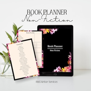 May include: A digital planner for non-fiction book writing with a black background and floral design. The planner includes sections for book profile, contents, synopsis, book biography, target audience, chapter synopsis, and more.