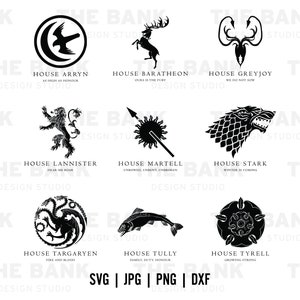 INSTANT DOWNLOAD Game of Thrones House Logo's svg, jpeg, dxf and png for t-shirts, mugs etc cricut