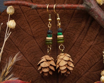 Earrings wooden jewelry pine tree hippie gift nature jewelry earrings boho jewelry wood earrings forest jewellery earrings pine cone jewelry