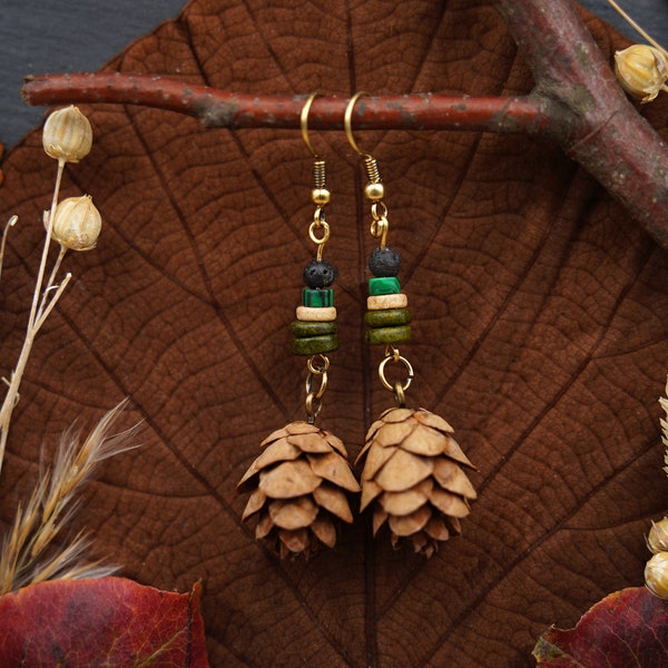 Earrings wooden jewelry pine tree hippie gift nature jewelry earrings boho jewelry wood earrings forest jewellery earrings pine cone jewelry